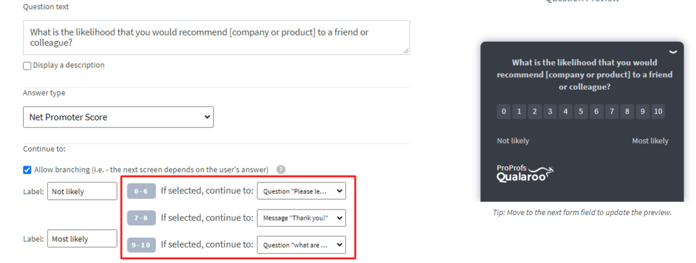 Skip logic for NPS survey