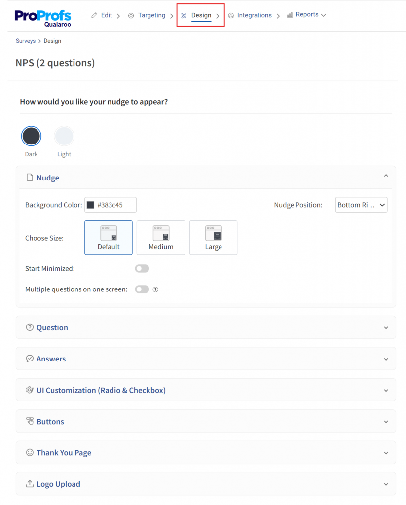 Design settings for popup surveys