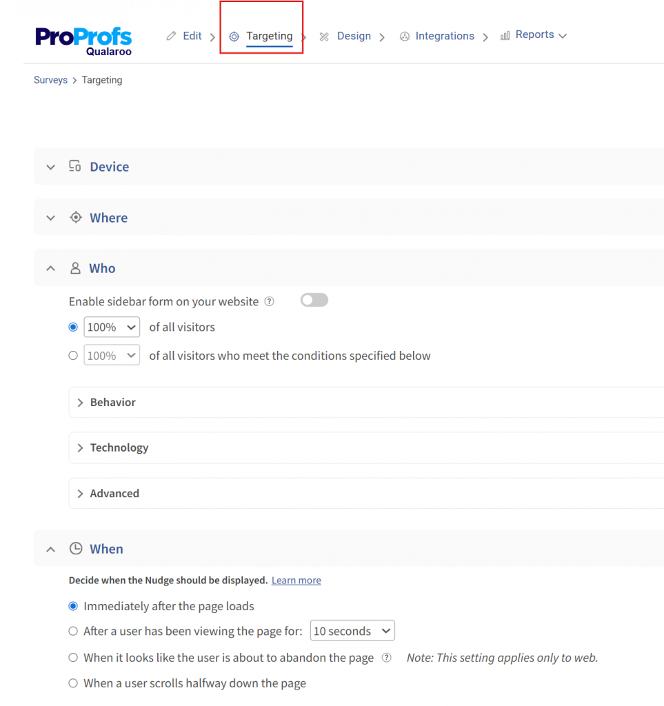 Advanced targeting for popup surveys