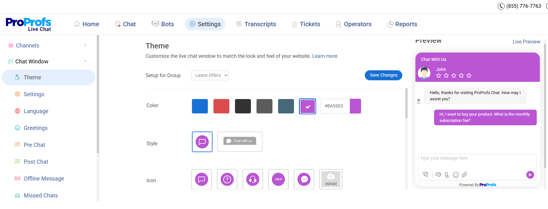 ProProfs Chat dashboard