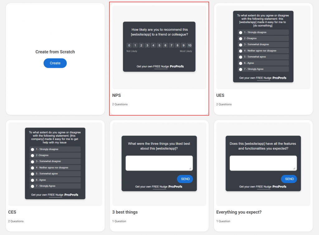 NPS template selection for product management